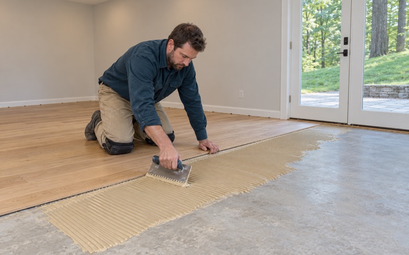 Worker troweling adhesive onto a concrete lower-level floor beside new engineered hardwood planks in an Ellicott City house.