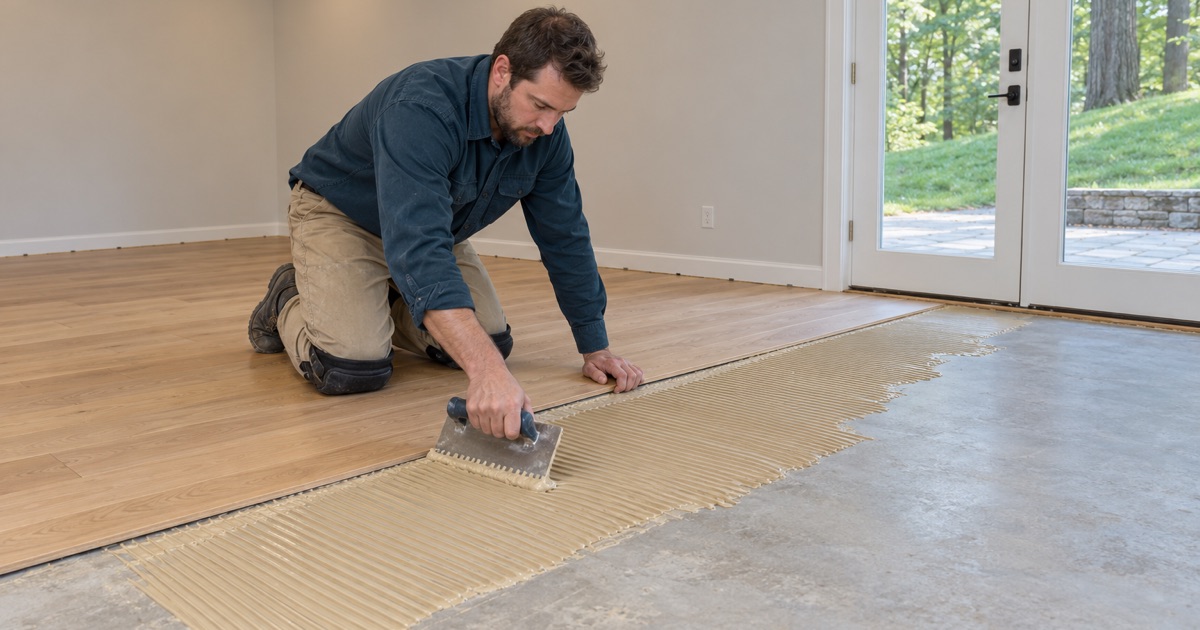 Worker troweling adhesive onto a concrete lower-level floor beside new engineered hardwood planks in an Ellicott City house.