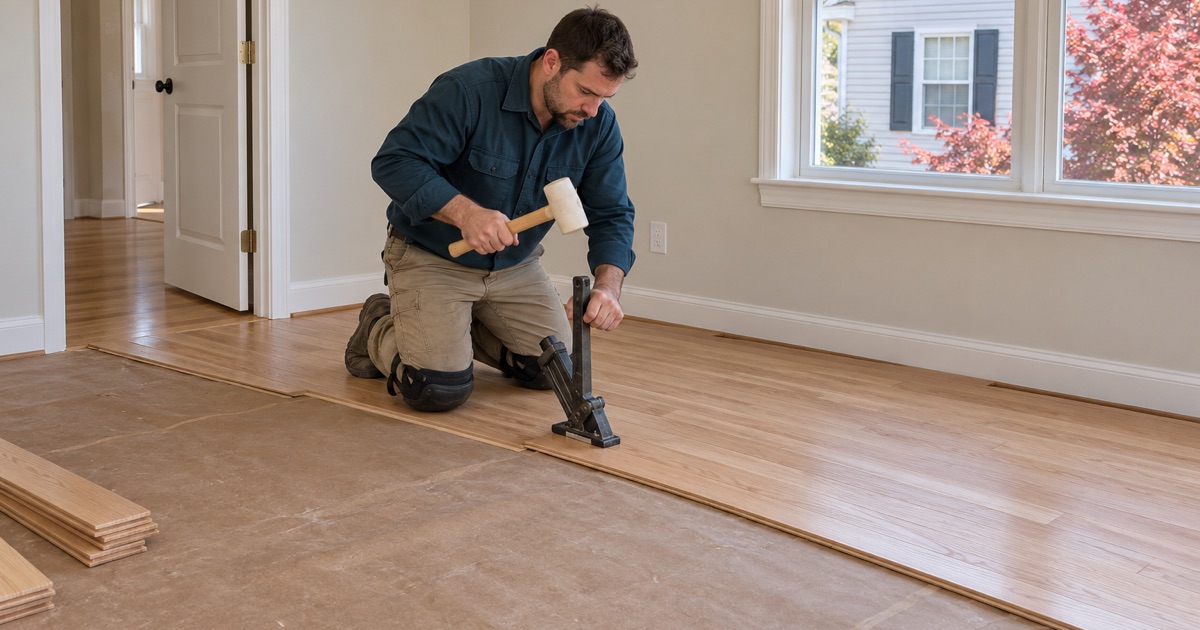 Worker striking a flooring nailer seated on the tongue of new oak strip flooring in an Ellicott City bedroom.