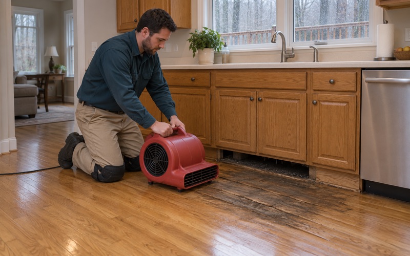 Worker setting an air mover beside cupped and darkened oak boards near a kitchen sink cabinet in an Ellicott City home.