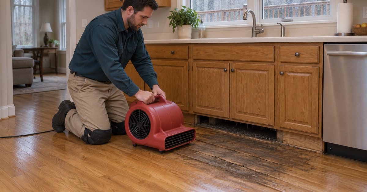 Worker setting an air mover beside cupped and darkened oak boards near a kitchen sink cabinet in an Ellicott City home.