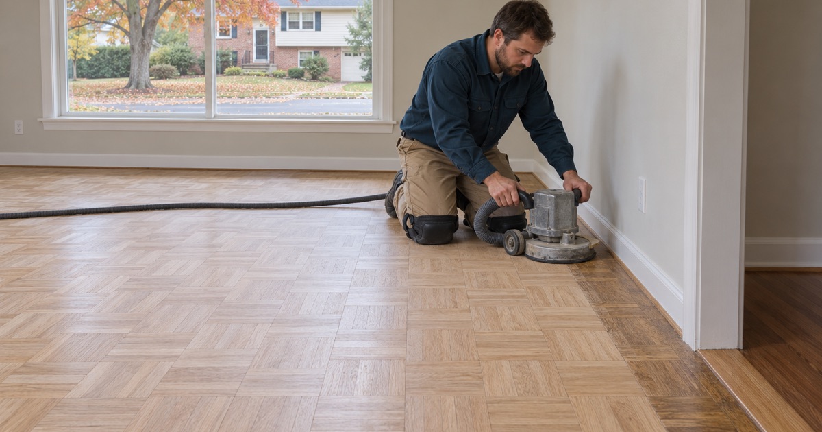 Worker running an edger along the border of an oak block parquet floor being refinished in an Ellicott City home.