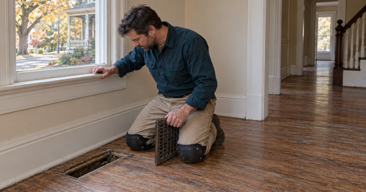 Worker lifting a floor register to check how much wood is left on an often-sanded floor in an older Catonsville house.