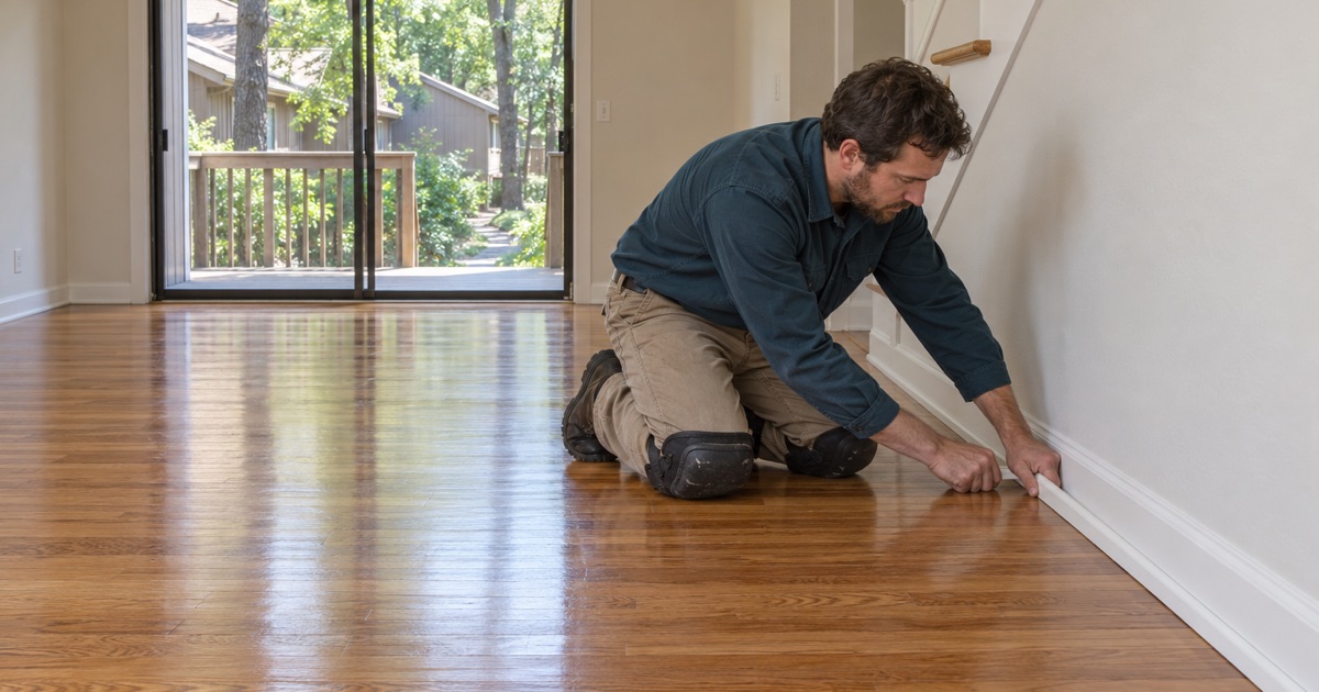 Worker pressing shoe molding back along a refinished hardwood floor in a 1970s Columbia village townhouse.