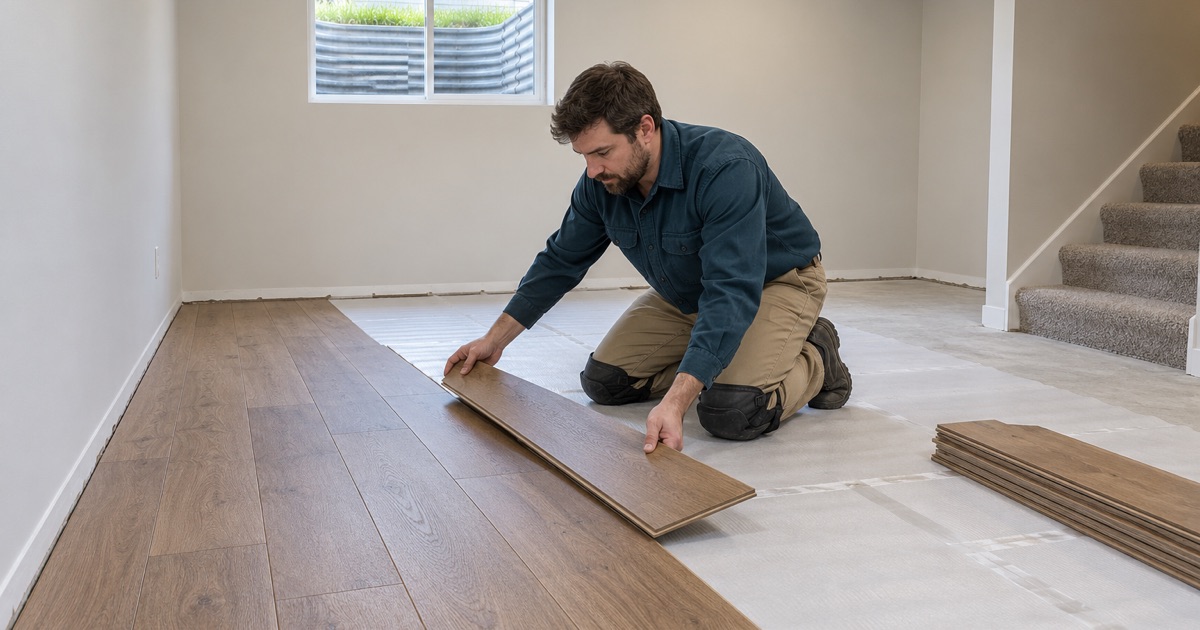 Worker angling an engineered plank into place over foam underlayment in a finished below-grade room in Eldersburg.