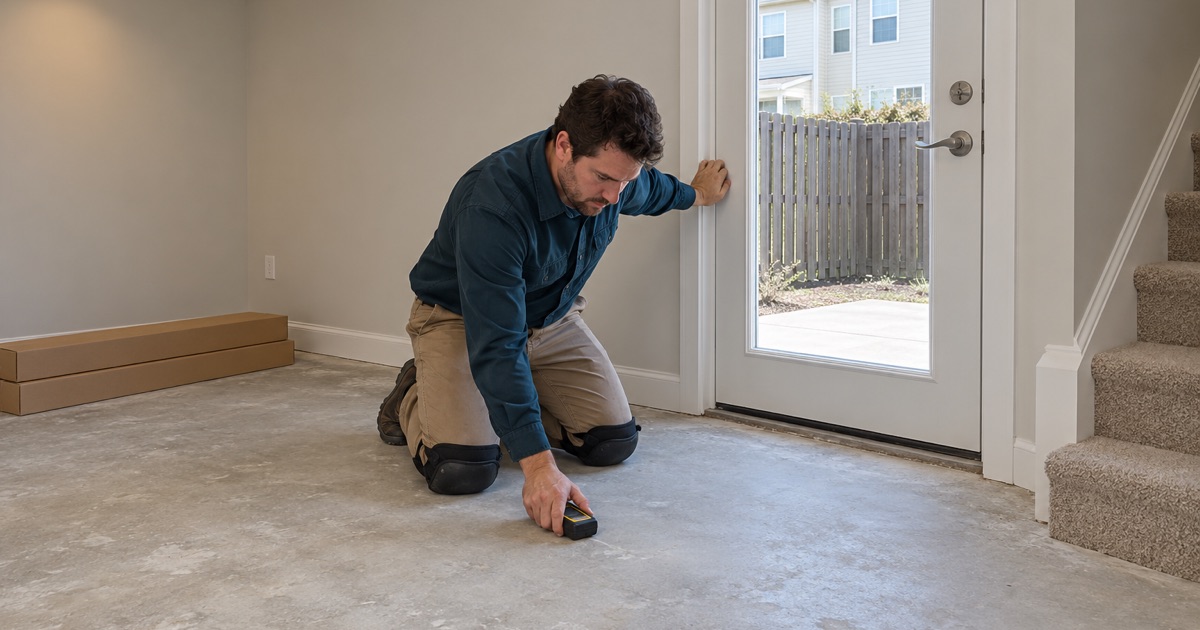 Worker pressing a concrete moisture meter to a dry lower-level floor in a 2010s Elkridge townhouse before choosing wood.