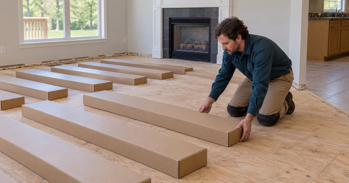 Worker setting out new flooring to acclimate before a floor upgrade in a newer Fulton home.