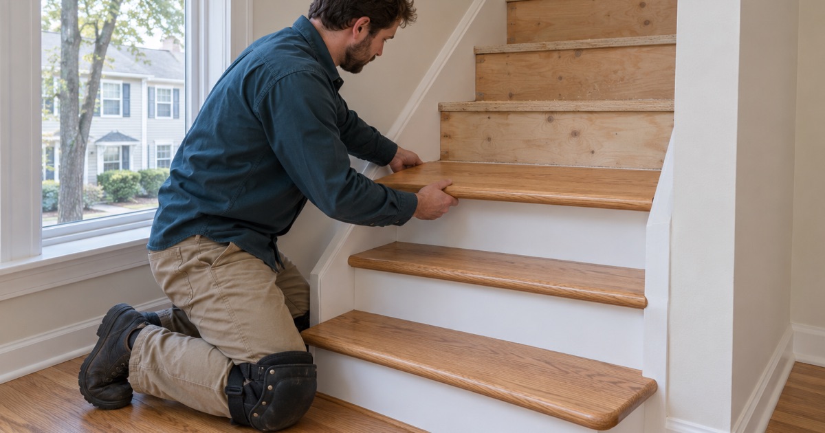 Worker setting a new oak tread on the stair of an owner-occupied townhouse in Garrison.