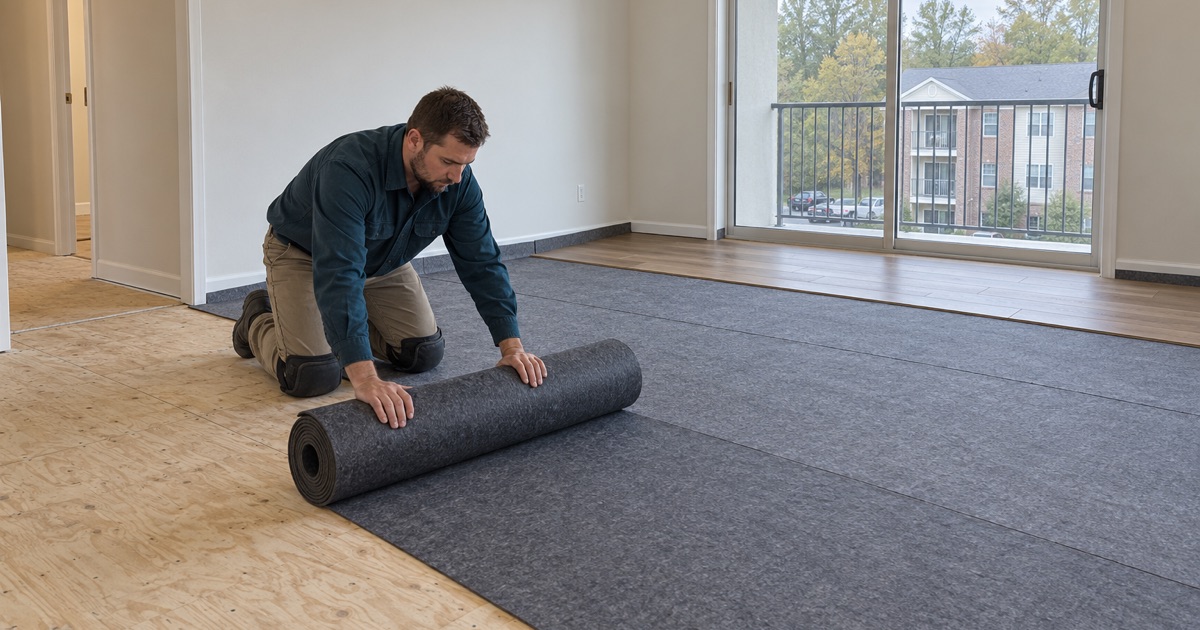 Worker unrolling sound-reducing underlayment over the subfloor of an Ilchester condominium before the new wood goes down.