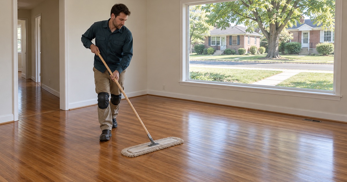 Freshly finished wood floor being dust-mopped in a long-owned detached house in Linthicum.