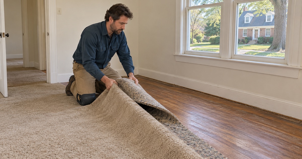 Worker folding back old carpet to uncover a hardwood strip floor in a postwar brick-and-clapboard house in Lochearn.