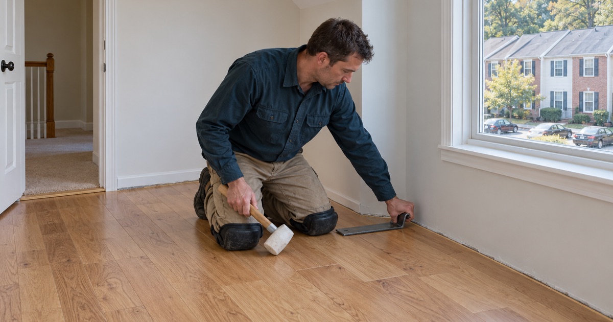 Worker drawing the last board tight with a pull bar on an upper-floor installation in an Owings Mills townhouse.