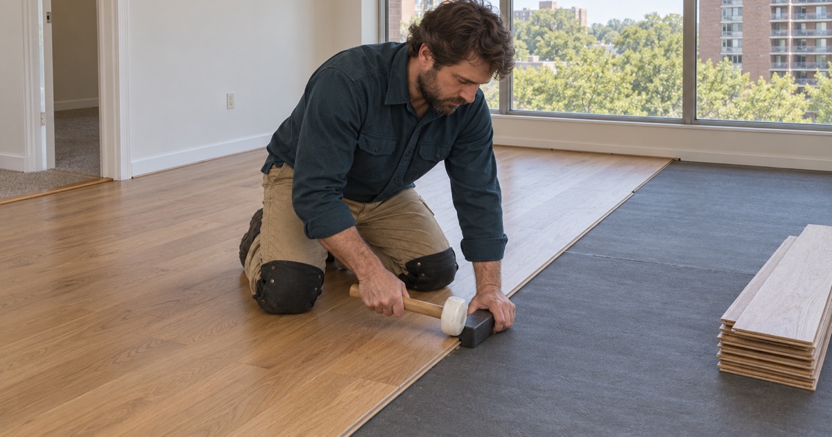 Worker tapping a new oak plank tight with a tapping block in an owned high-rise apartment in Pikesville.