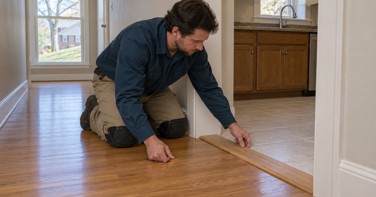 Worker fitting a low oak threshold at a doorway between a hardwood floor and kitchen tile in a Randallstown home.