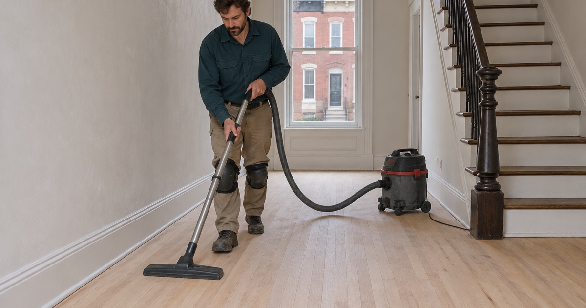 Worker clearing sanding dust from a bare wood floor in a renovated rowhouse in Upton.