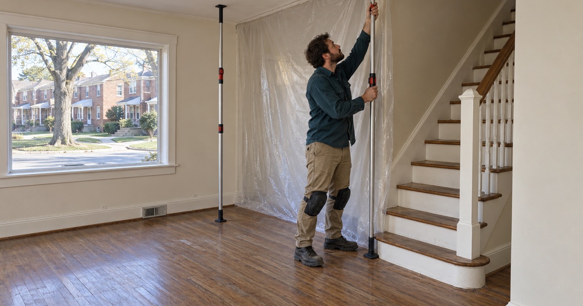 Worker setting a dust barrier pole at the stair opening of an attached Woodlawn house before the floor is sanded.